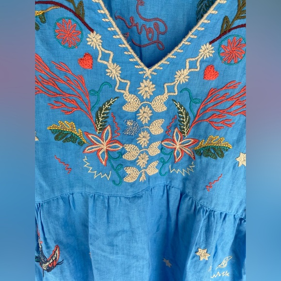 LIKE NEW JOHNNY WAS ZOE EMBROIDERED TIERED LINEN DRESS AZURE BLUE Medium - Picture 8 of 10